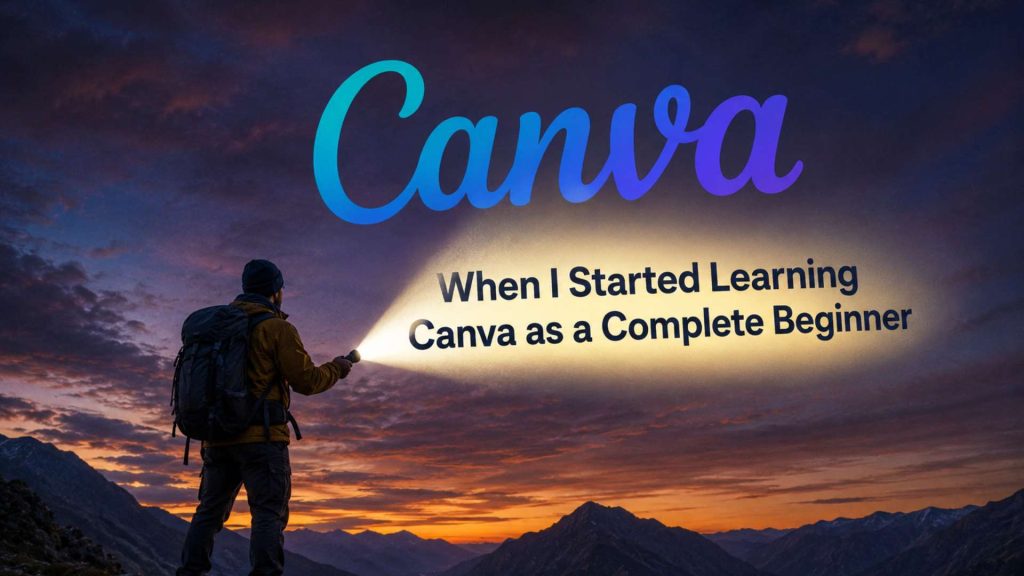 Canva for beginners blog cover showing a mountain trekker on a mountain peak at sunset, representing the journey of learning Canva from scratch.
