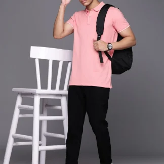 Louis Philippe Jeans Slim Fit Casual Men Solid Polo Neck Pure Cotton Pink T-Shirt