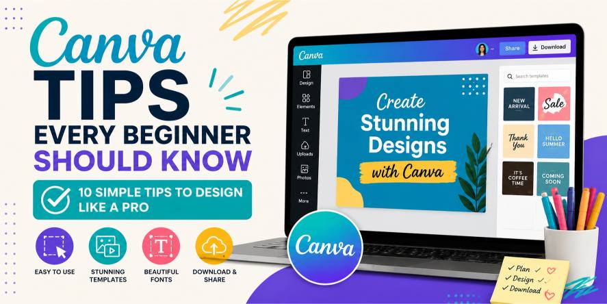 A beginner learning Canva to create professional social media posts, flyers, presentations, and marketing designs using simple design principles.