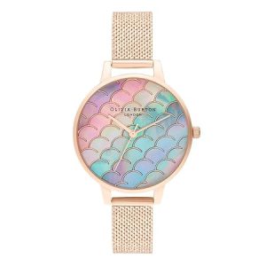 Olivia Burton Under The Sea Qtz Basic Rainbow Mother of Pearl Round Dial Women's Watch|Ionic Plated Rose Gold Steel Material|Gold Color Band - OB16US45